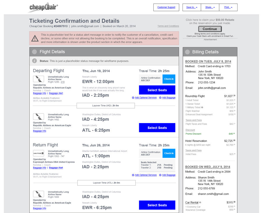 confirmation page wireframes
