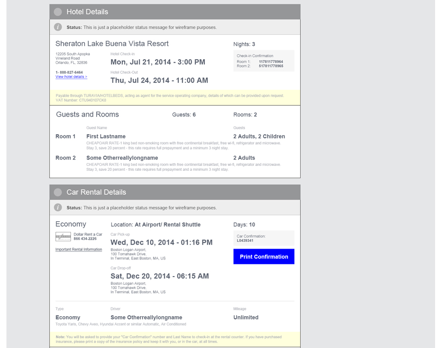 confirmation page wireframes